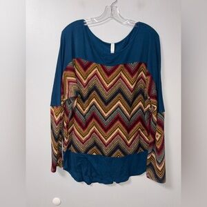 Luxe USA Navy Fall Colors Chevron Long Sleeve Boho Lightweight 2X Thin Stretchy